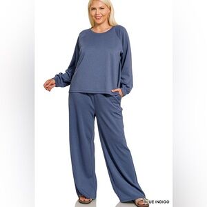 Zenana Outfitters Blue Indigo Wide Leg Lounge Set